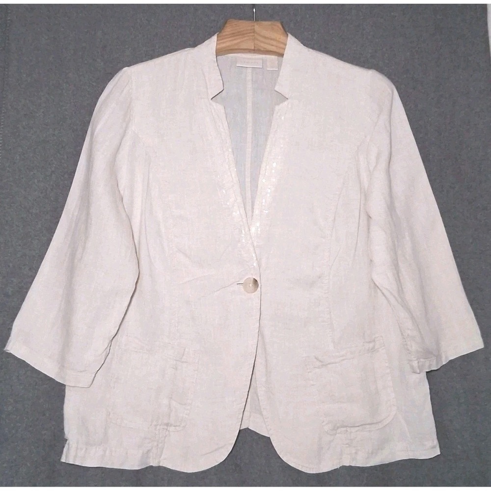 Chico's Linen Blazer Womens Size 3 US L Single Button Sequin Collar Lightweight
